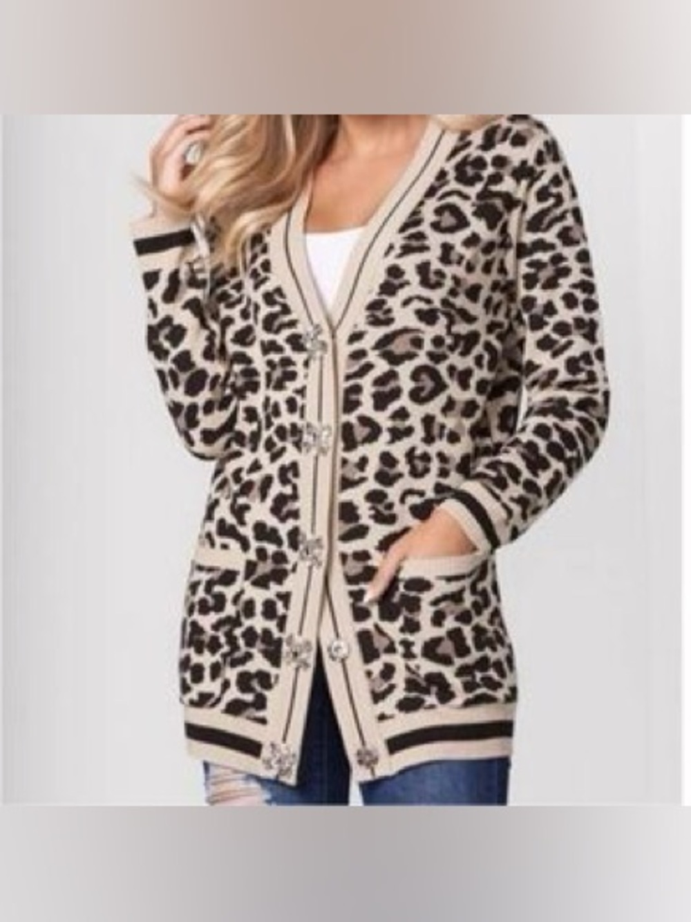 Venus Women’s Leopard Cardigan Shimmering Rhinestone Button Brown Size Large